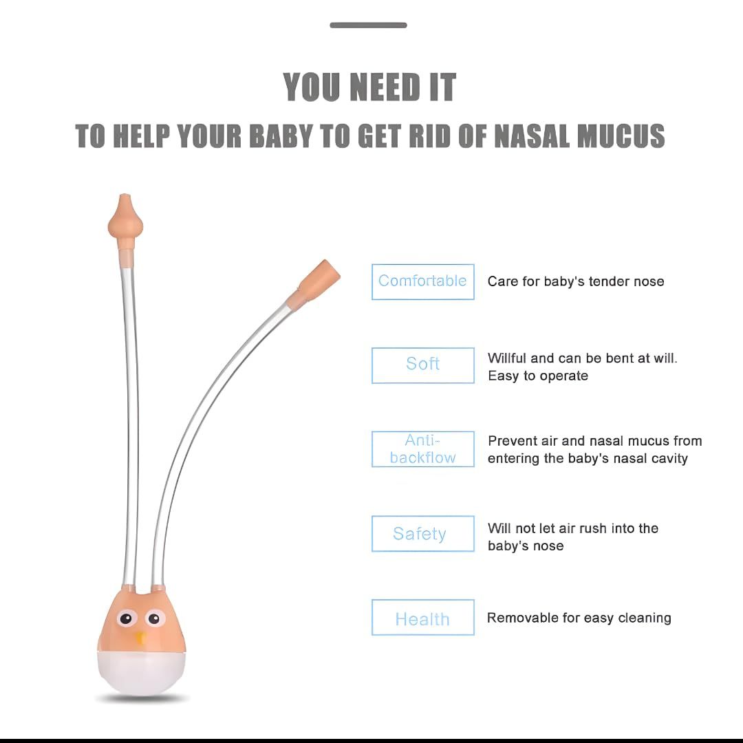 Owl-shaped manual baby nasal aspirator with comfortable oral suction for safe nose cleaning, suitable for infants and toddlers.