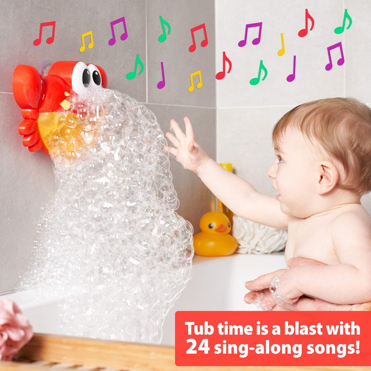 Crab-shaped bubble bath maker by Everything Baby blowing bubbles and playing children's songs in a bathtub for kids pretend play.