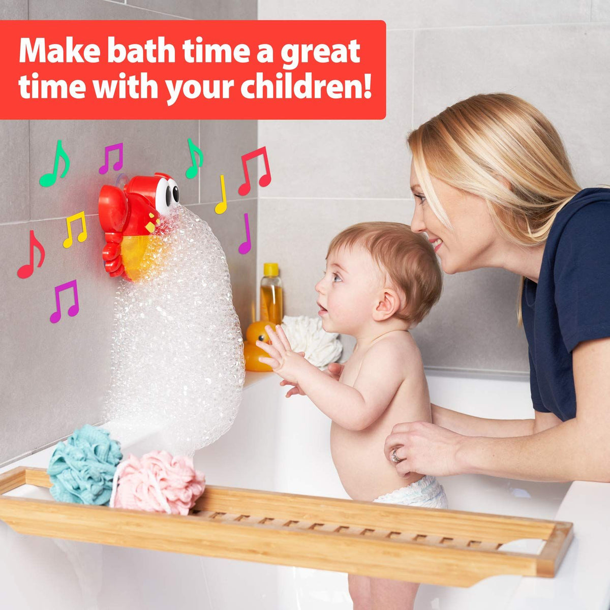 Crab-shaped bubble bath maker by Everything Baby, creates bubbles and plays 24 children's songs in a bathtub for kids' pretend play.