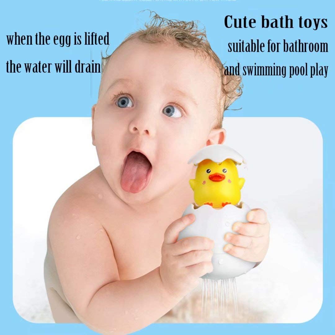 Yellow duck baby bath toy from Everything Baby, fun egg hatching toy for toddlers in water or bathtub.