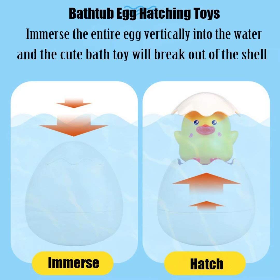 Yellow duck baby bath toy from Everything Baby, hatching egg fun for toddlers in water or bathtub play.