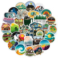 Set of 50 waterproof outdoor adventure stickers featuring wilderness, nature, hiking, camping, and travel designs for water bottles and bikes