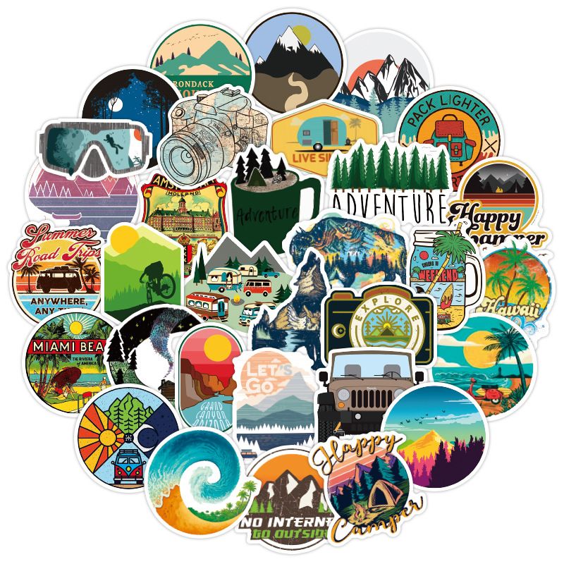 Set of 50 waterproof outdoor adventure stickers featuring wilderness, nature, hiking, camping, and travel designs for water bottles and bikes