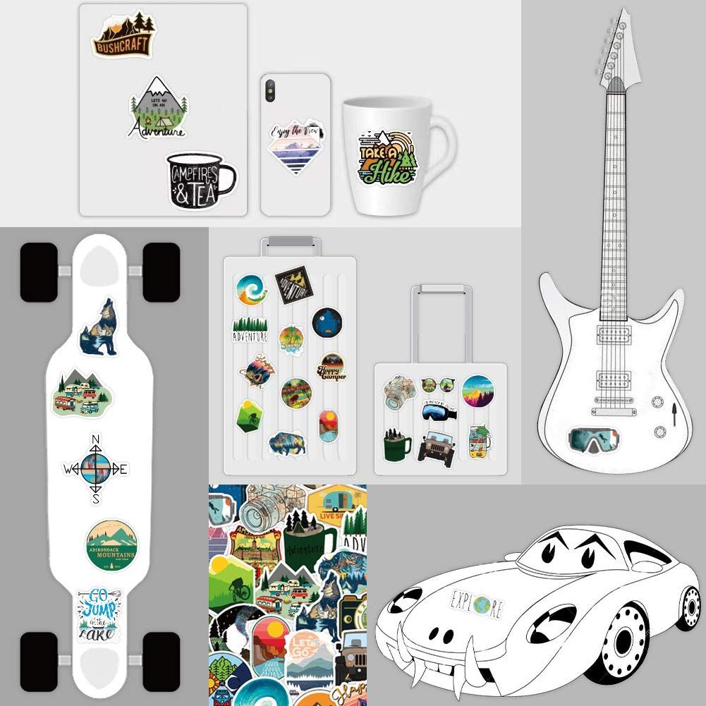 Set of 50 waterproof outdoor adventure stickers featuring wilderness, nature, hiking, camping, and travel designs for water bottles and bikes.