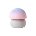 Set of three mechanical kitchen timers shaped like cute mushrooms, wind-up countdown timers for kids' pretend play in classroom or home.