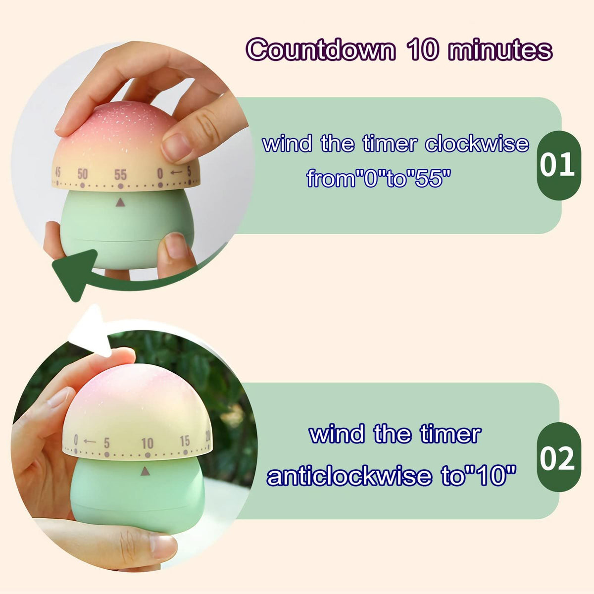Set of three mechanical kitchen timers featuring cute mushroom design for kids, wind-up countdown timers for classroom and home use.