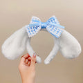 Furry bunny ears headband with bowknot for kids, featuring cute rabbit and puppy ear designs, perfect for costumes or playful outfits.