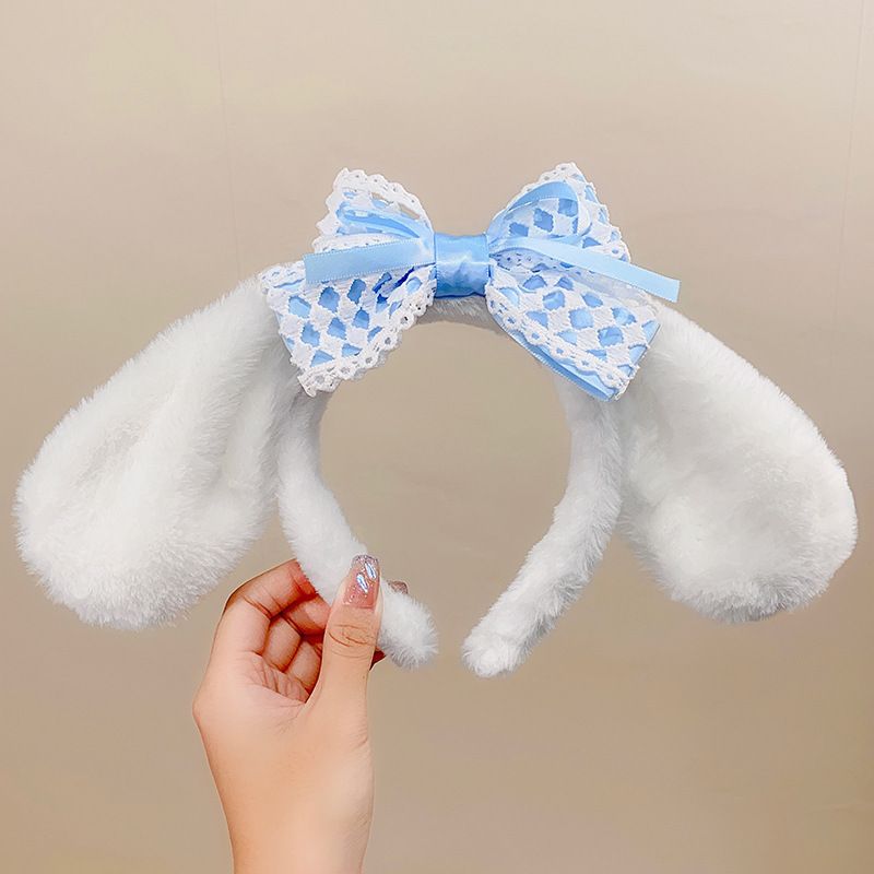 Furry bunny ears headband with bowknot for kids, featuring cute rabbit and puppy ear designs, perfect for costumes or playful outfits.