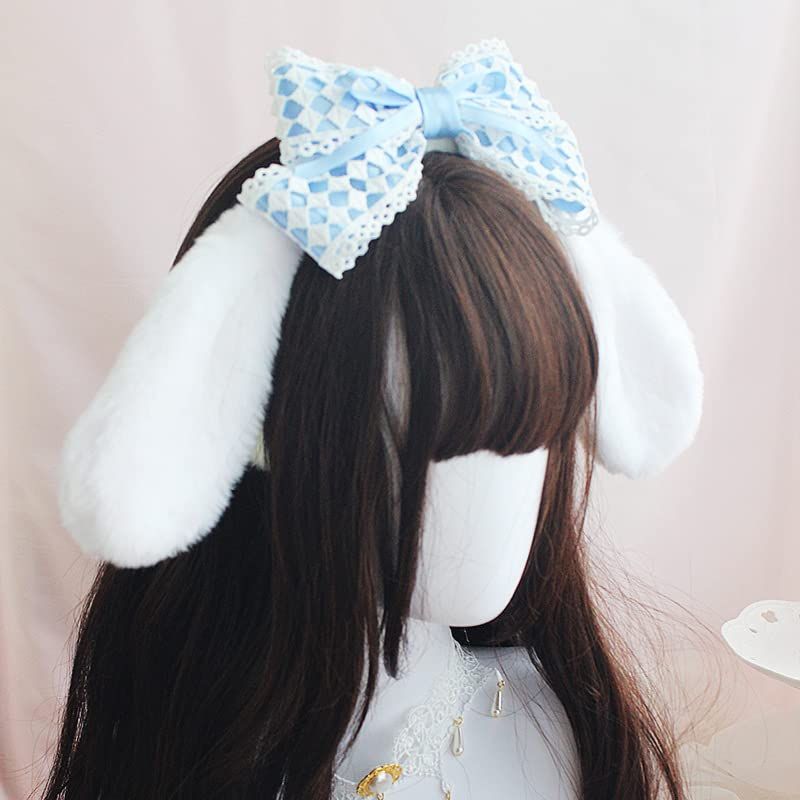 Furry bunny ears headband with cute bowknot, ideal for kids' costume or facial makeup, featuring soft rabbit and puppy ear designs.