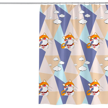 Kids cute cat and puppy shower curtain set featuring cartoon Corgi and pet animals, perfect for kids' bathroom decor.