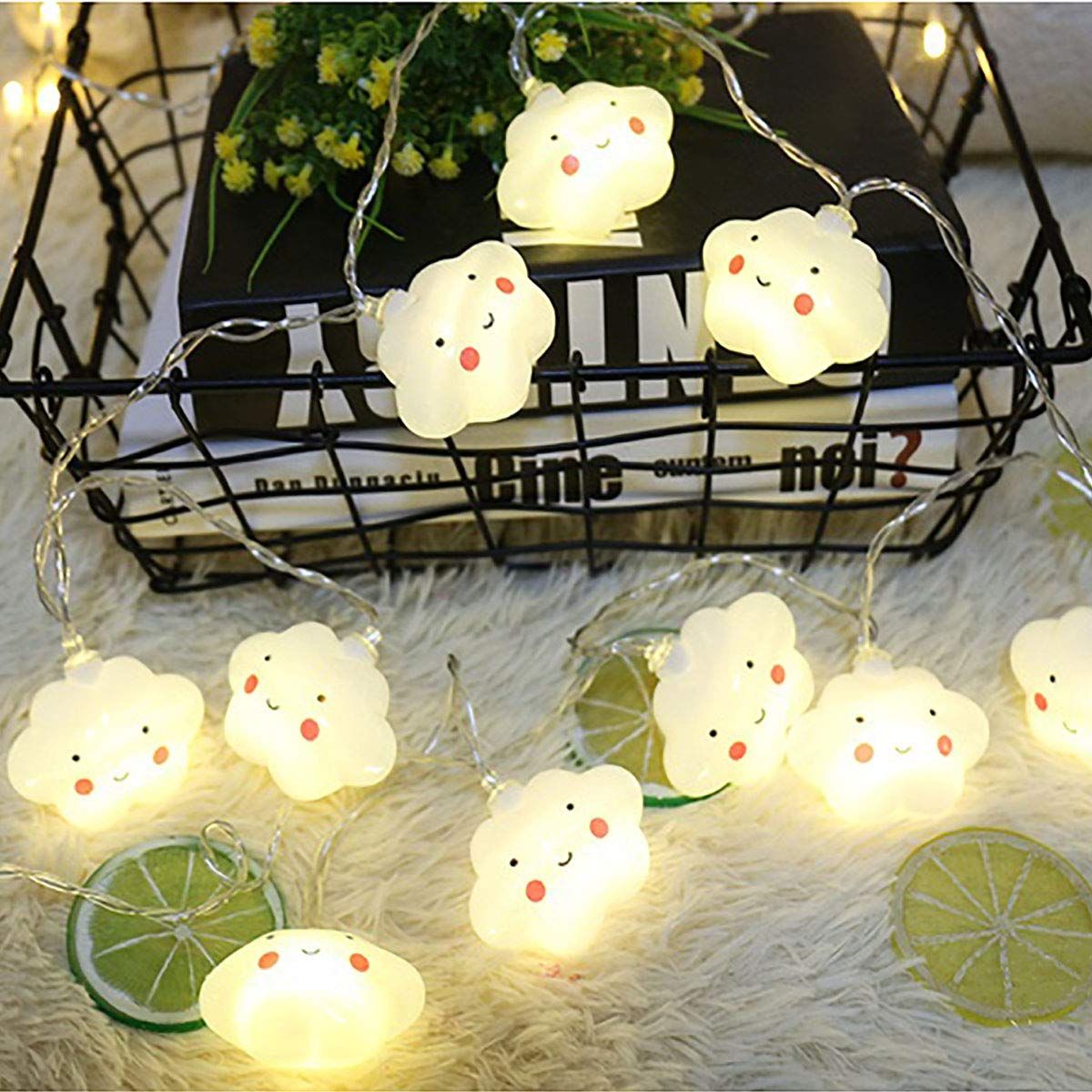 Cute cloud-shaped room lamp with face, warm white glow, perfect for kids' bedroom decor and holiday string lighting.