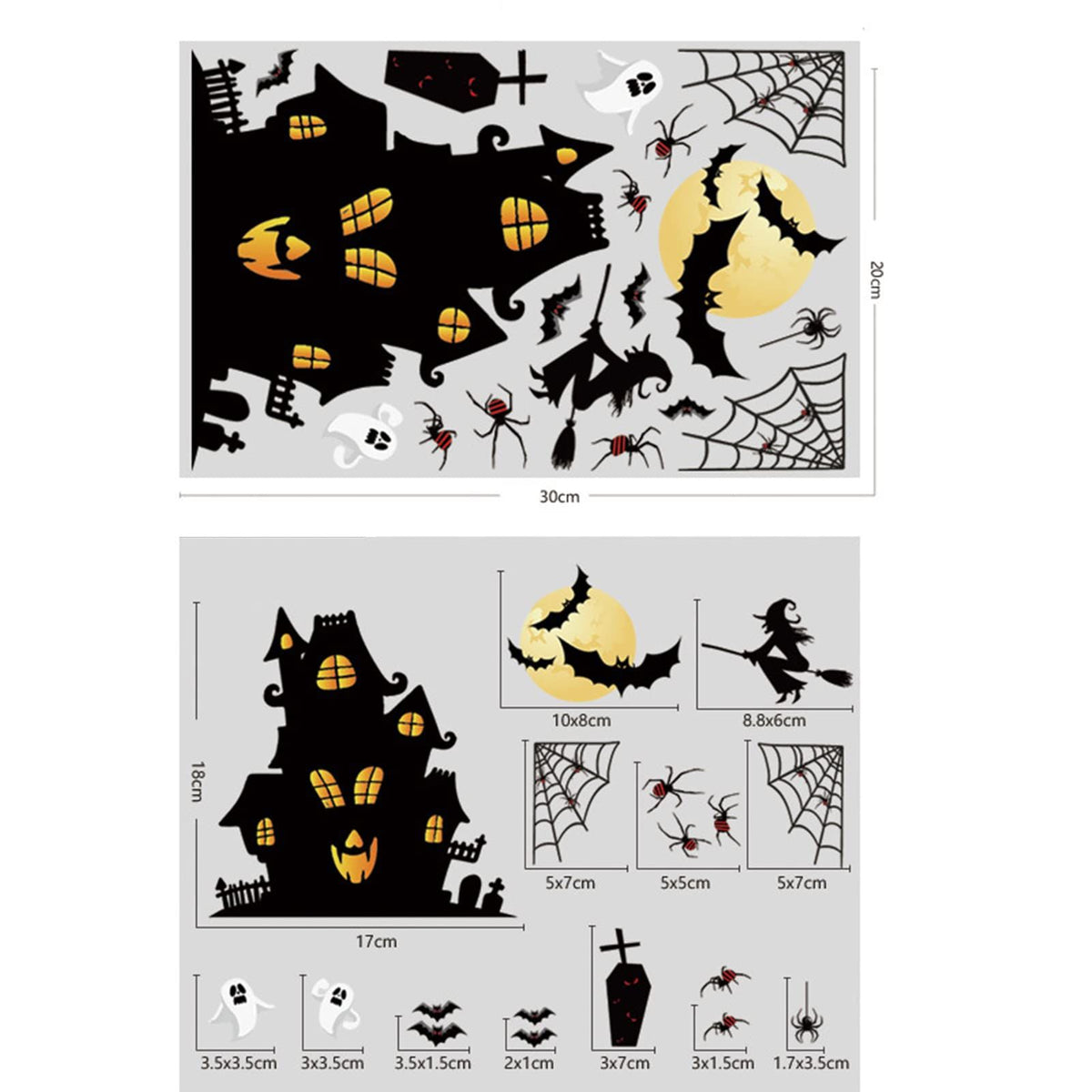 Halloween window stickers featuring pumpkin, ghost, monster, castle, and bat designs for spooky party decoration by Everything Baby.