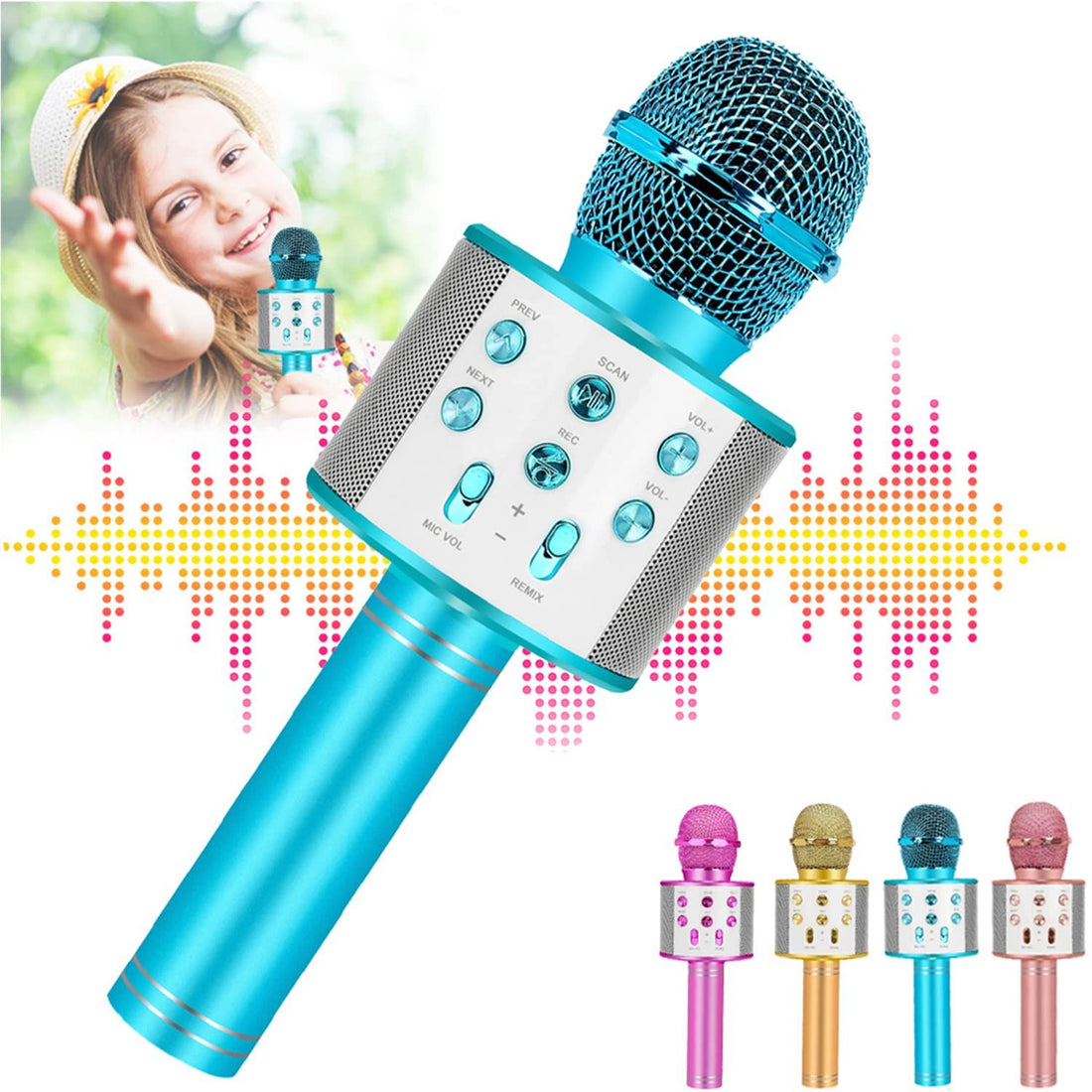 Wireless Bluetooth karaoke microphone for kids and toddlers, with colorful design, perfect for children’s singing and musical play.