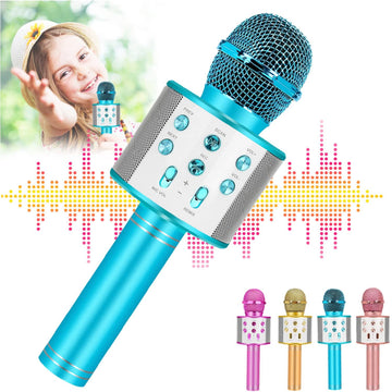 Wireless Bluetooth karaoke microphone for kids and toddlers, with colorful design, perfect for children’s singing and musical play.