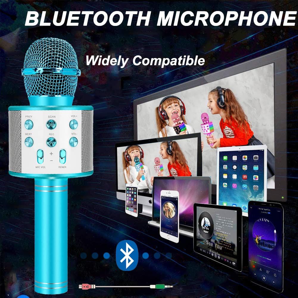Wireless Bluetooth karaoke microphone for kids and toddlers, colorful musical toy for children to sing and play.