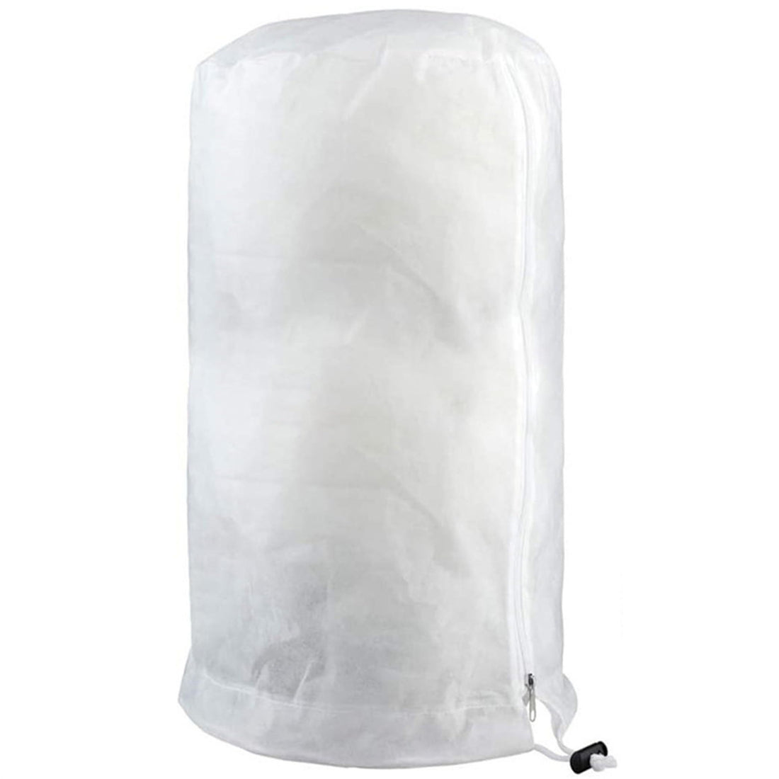 Frost protection plant cover bag with drawstring and zipper, designed for winter shrub and potted plant protection.