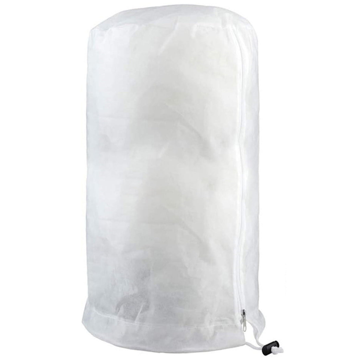 Frost protection plant cover bag with drawstring and zipper, designed for winter shrub and potted plant protection.