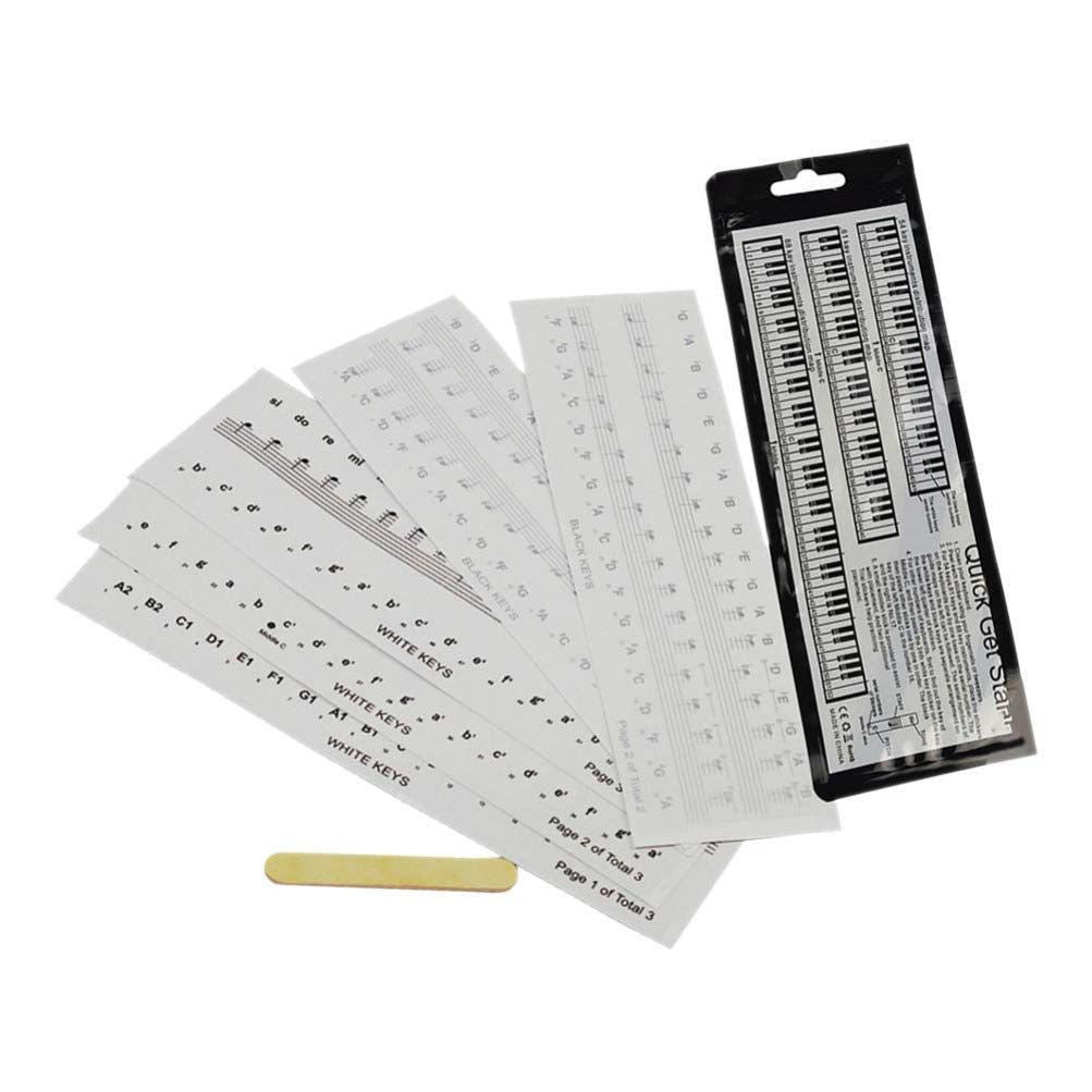 Six piano keys sticker set with music note labels for kids, including labels for piano keyboards and stools by Everything Baby.