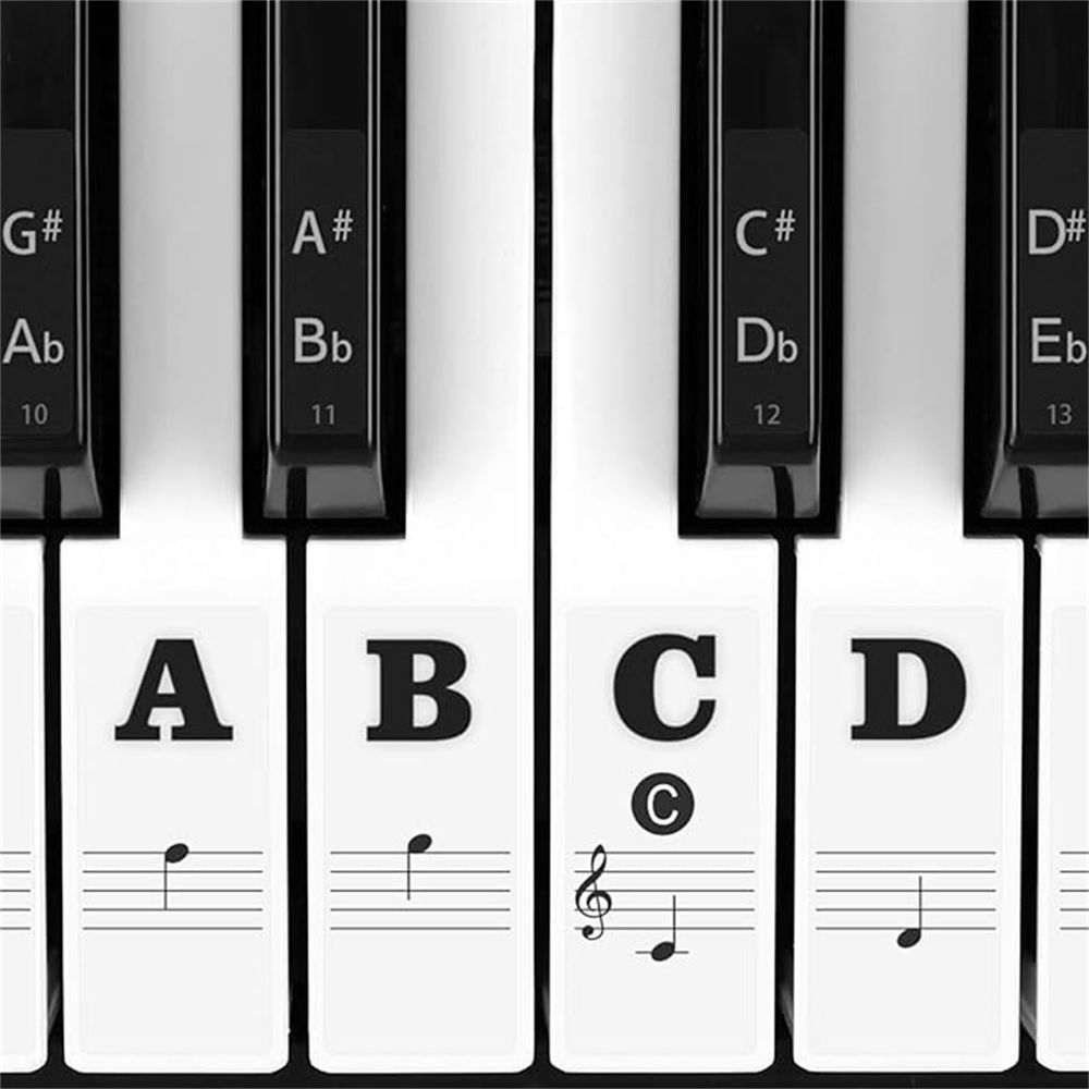Clear piano keyboard stickers for 88, 61, 54, 49, 37 keys, removable notes label set for beginners and kids.