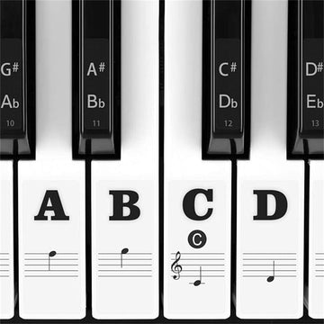 Clear piano keyboard stickers for 88, 61, 54, 49, 37 keys, removable notes label set for beginners and kids.