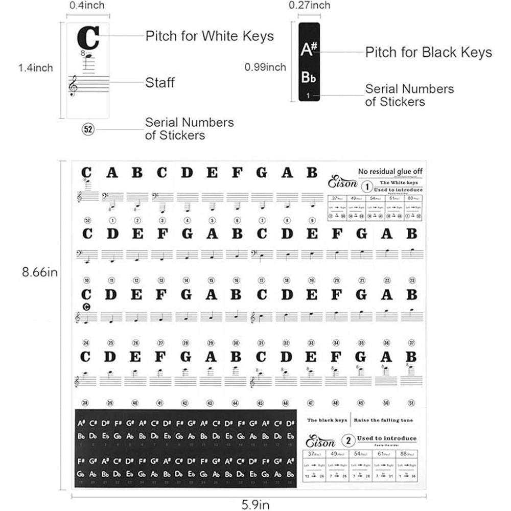 Clear piano keyboard stickers for 88, 61, 54, 49, 37 keys, removable notes label for beginners and kids on full set piano keys