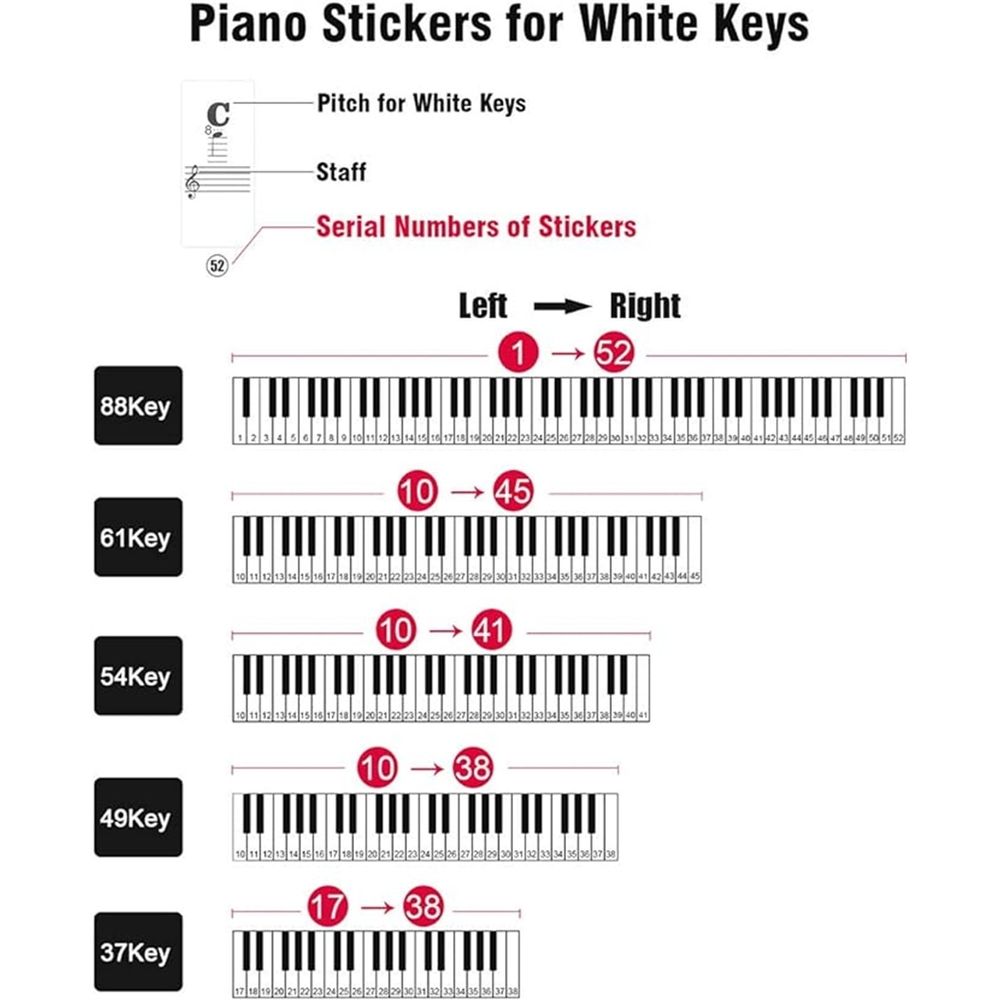 Clear piano keyboard stickers for 88/61/54/49/37 keys, removable letter and note labels for beginners and kids on a full set.