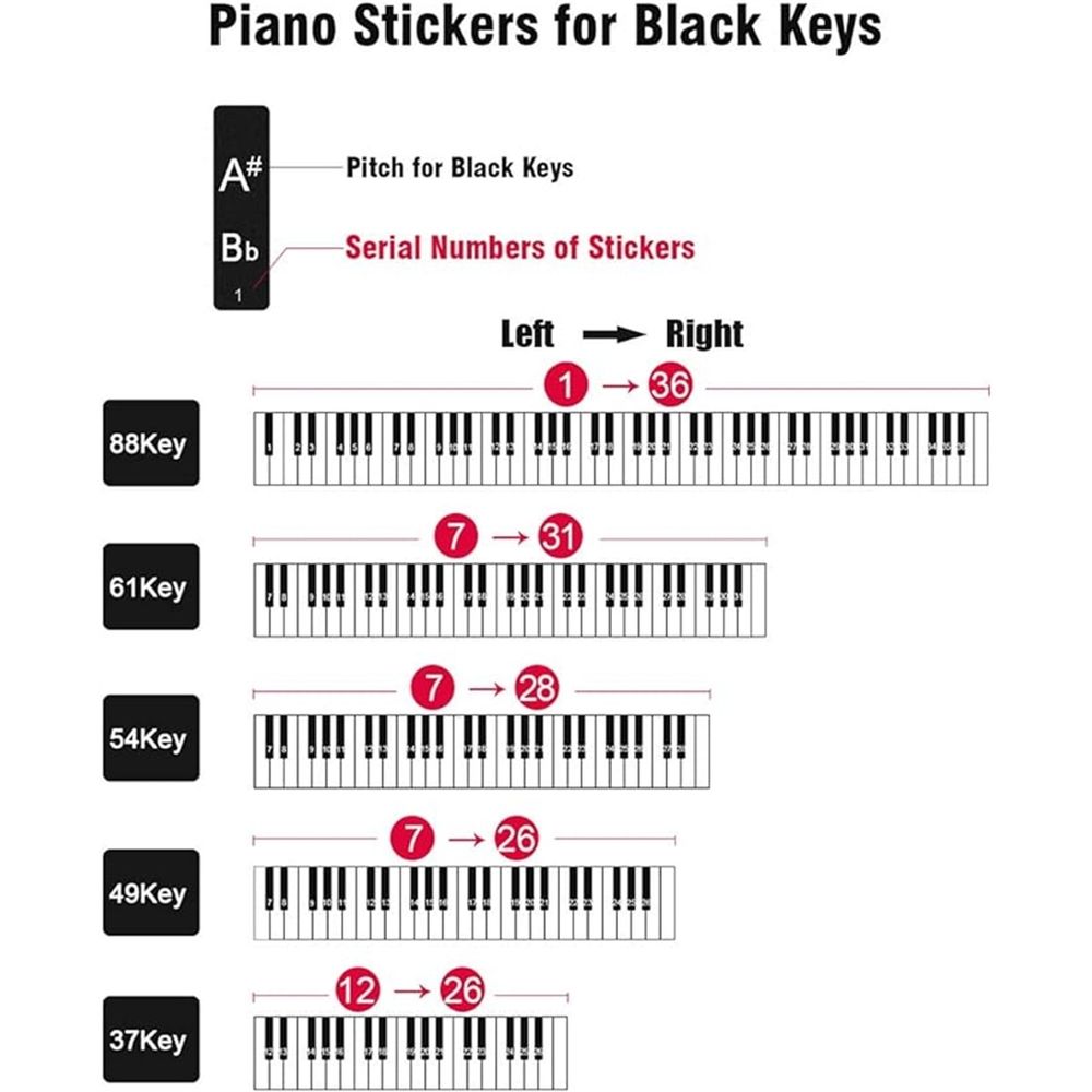 Clear piano keyboard stickers for 88, 61, 54, 49, 37 keys, removable letter and note labels for beginners and kids.