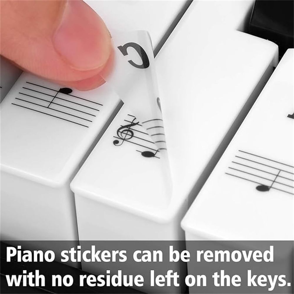 Clear piano keyboard stickers for 88, 61, 54, 49, 37 keys, removable notes label for beginners and kids, by Everything Baby.