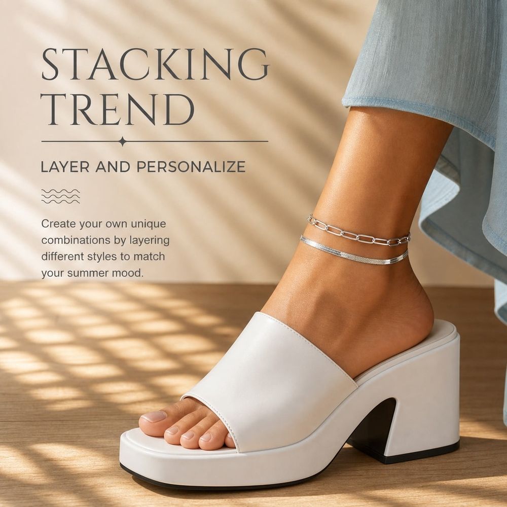 Set of 7 waterproof S925 sterling silver ankle bracelets with layered Cuban and herringbone chains, perfect for summer beach style for women