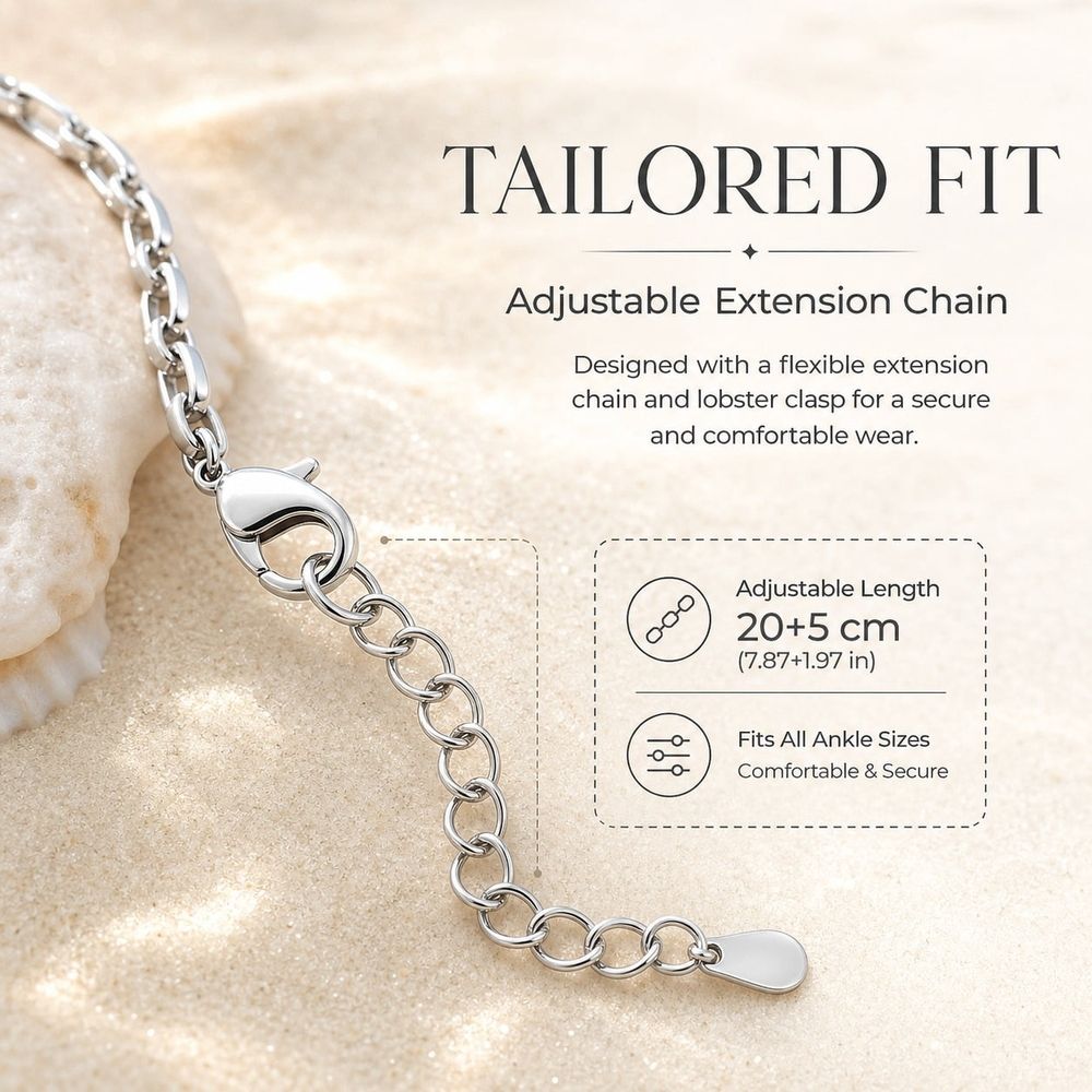 Set of 7 waterproof S925 sterling silver ankle bracelets with layered Cuban chain and herringbone design for women and girls, summer beach jewelry