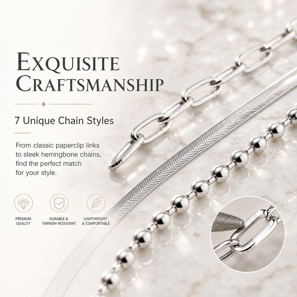 Set of 7 waterproof S925 sterling silver ankle bracelets with layered Cuban chain and herringbone design for women, beach-ready jewelry.
