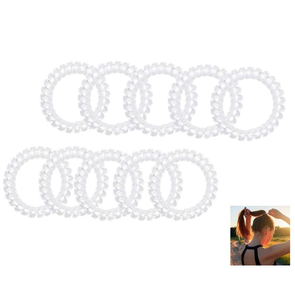 Set of 10 clear spiral hair ties for girls and women, waterproof plastic ponytail holders with no crease, from Everything Baby.