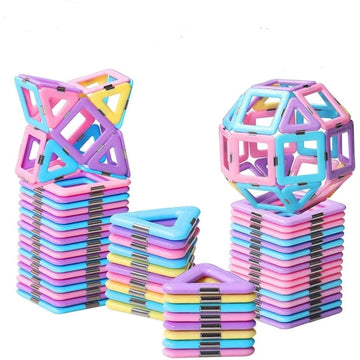 Magnetic building blocks set for kids featuring colorful 3D tiles and castle design, ideal for STEM educational play and creative building.