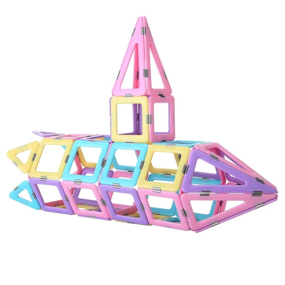 Magnetic building blocks set for kids with colorful tiles, featuring 58 pieces for creative 3D castle and STEM toy construction.