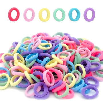 Set of 300 multicolor baby hair ties for toddler girls, soft cotton elastic hair bands for kids, teens, and women.