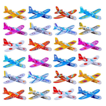 Mini foam glider planes in various designs, lightweight and easy to assemble, perfect for kids' toy collection and classroom fun.