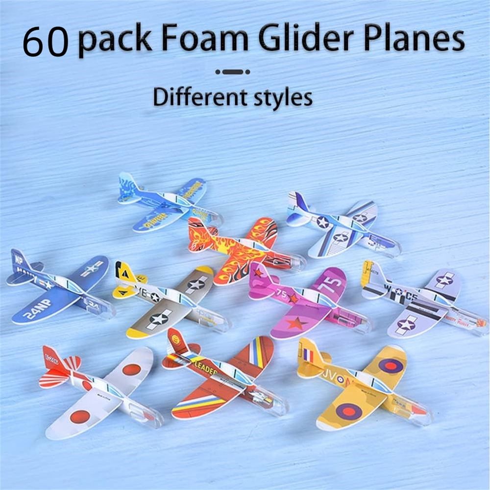 Set of 60 mini foam glider planes with colorful designs, lightweight and easy to assemble flying toys for kids' classroom fun.