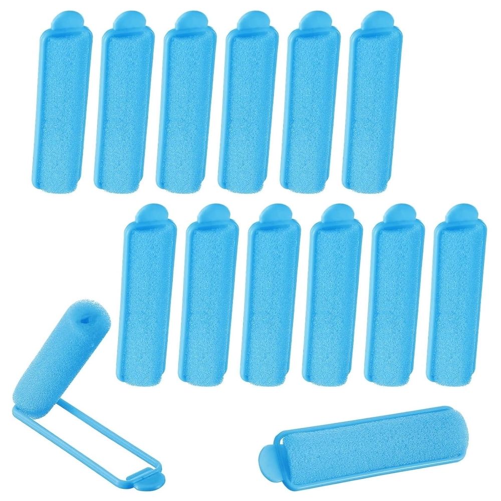 Blue foam curlers set with 14 sponge hair rollers, 2.7 inches long, for soft, no-heat hair styling for long and short hair.