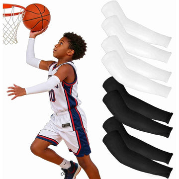 Four pairs of black and white kids' arm sleeves from Everything Baby, reusable sun protection and cooling compression sleeves for boys and girls.