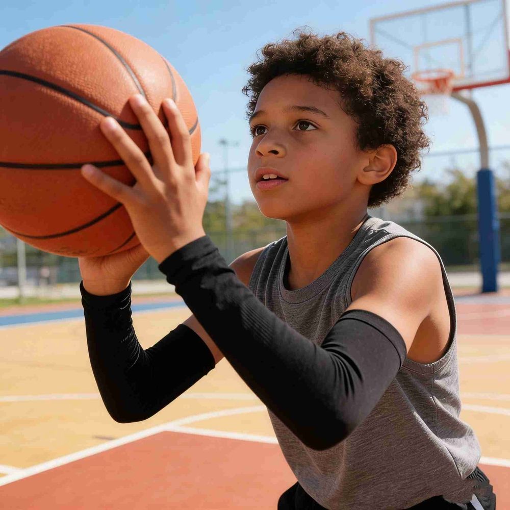 Four pairs of black and white kids' arm sleeves by Everything Baby, reusable sun protection and cooling compression for boys and girls.