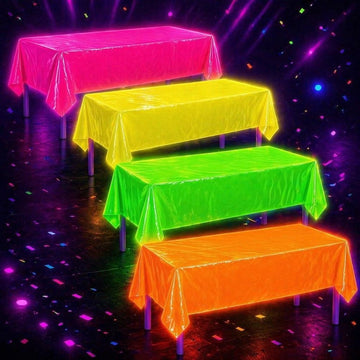 Three colorful disposable neon fluorescent plastic table covers for glow-in-the-dark parties, waterproof rectangular table covers.