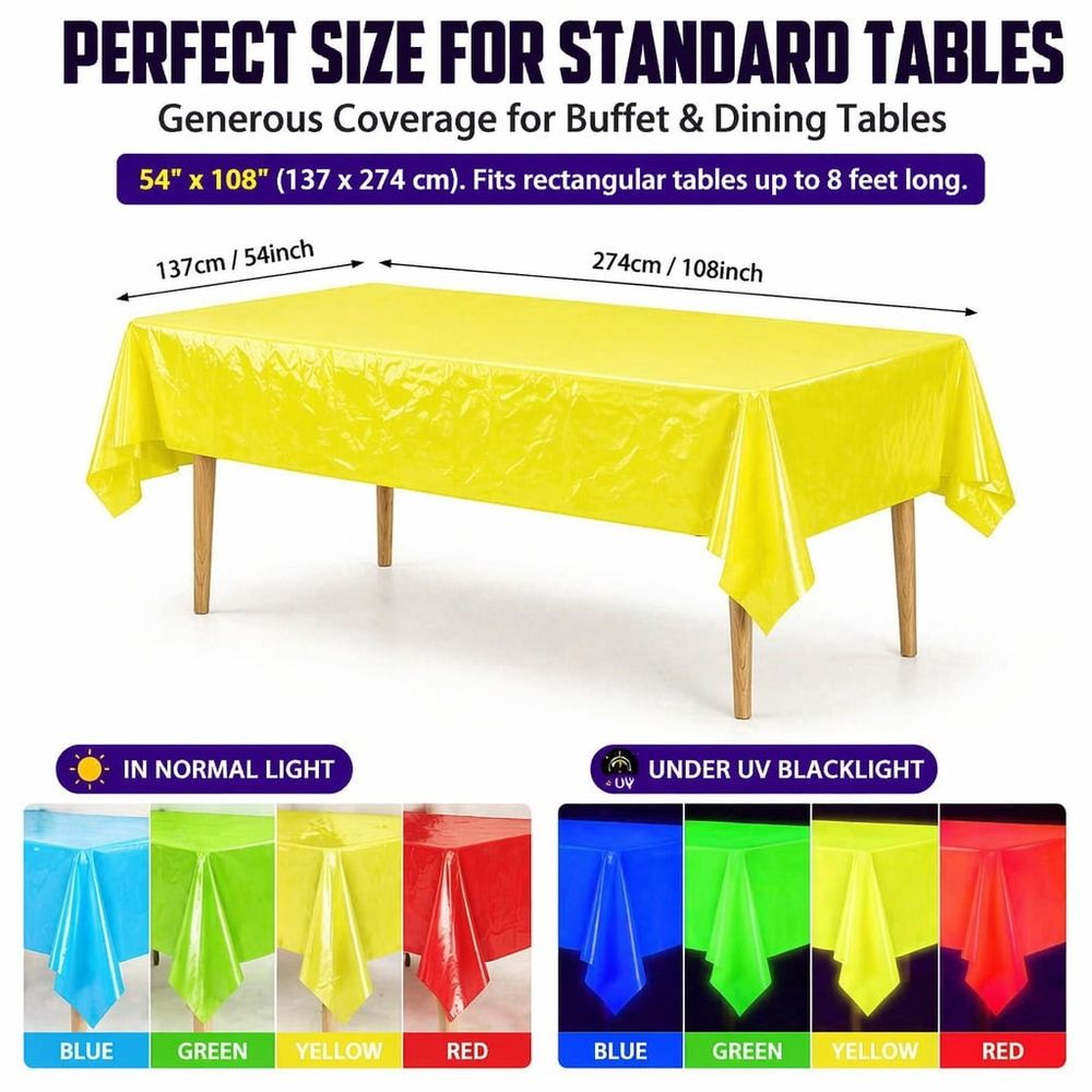 Three colorful disposable fluorescent neon plastic table cloths for glow-in-the-dark party, waterproof rectangular covers for kids' events