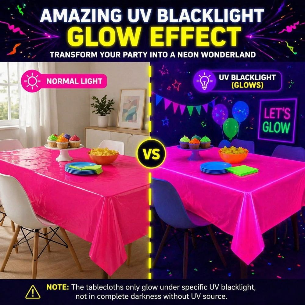 Three waterproof fluorescent neon plastic table cloths with blacklight glow for party and pretend play events, colorful and rectangular.