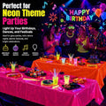 Set of three waterproof fluorescent neon plastic table cloths for kids' glow-in-the-dark and blacklight themed parties.