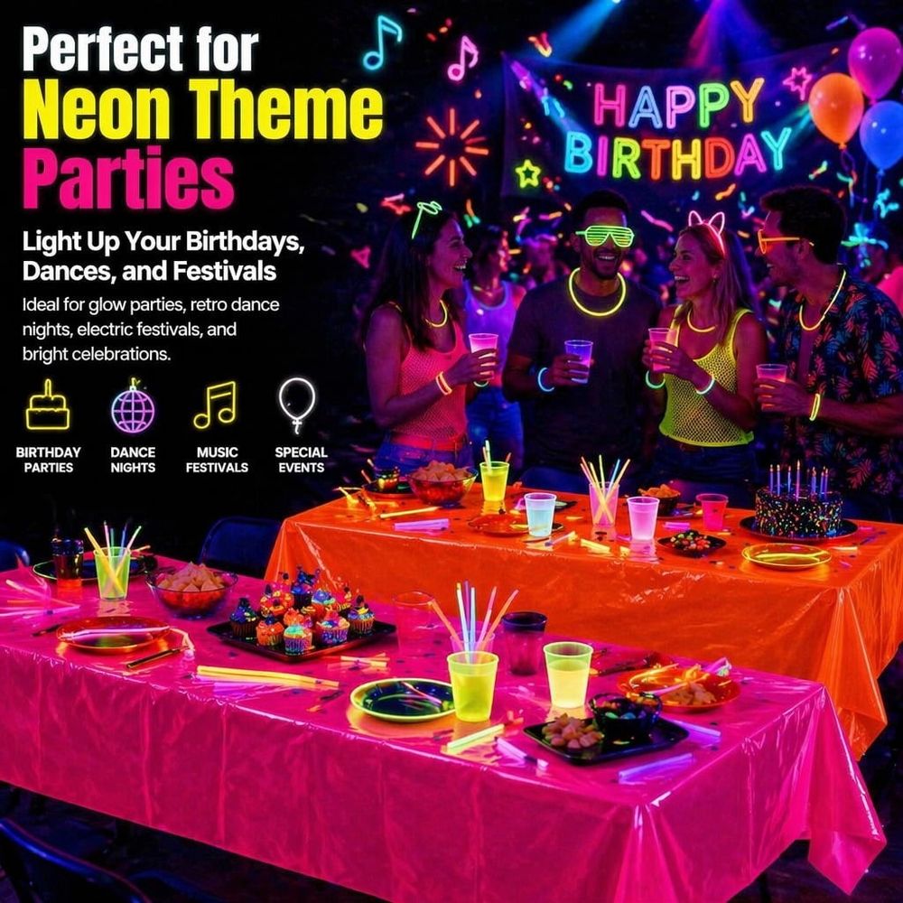 Set of three waterproof fluorescent neon plastic table cloths for kids' glow-in-the-dark and blacklight themed parties.