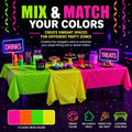 Set of three waterproof fluorescent neon plastic table cloths for glow-in-the-dark and blacklight party events, ideal for kids' pretend play.