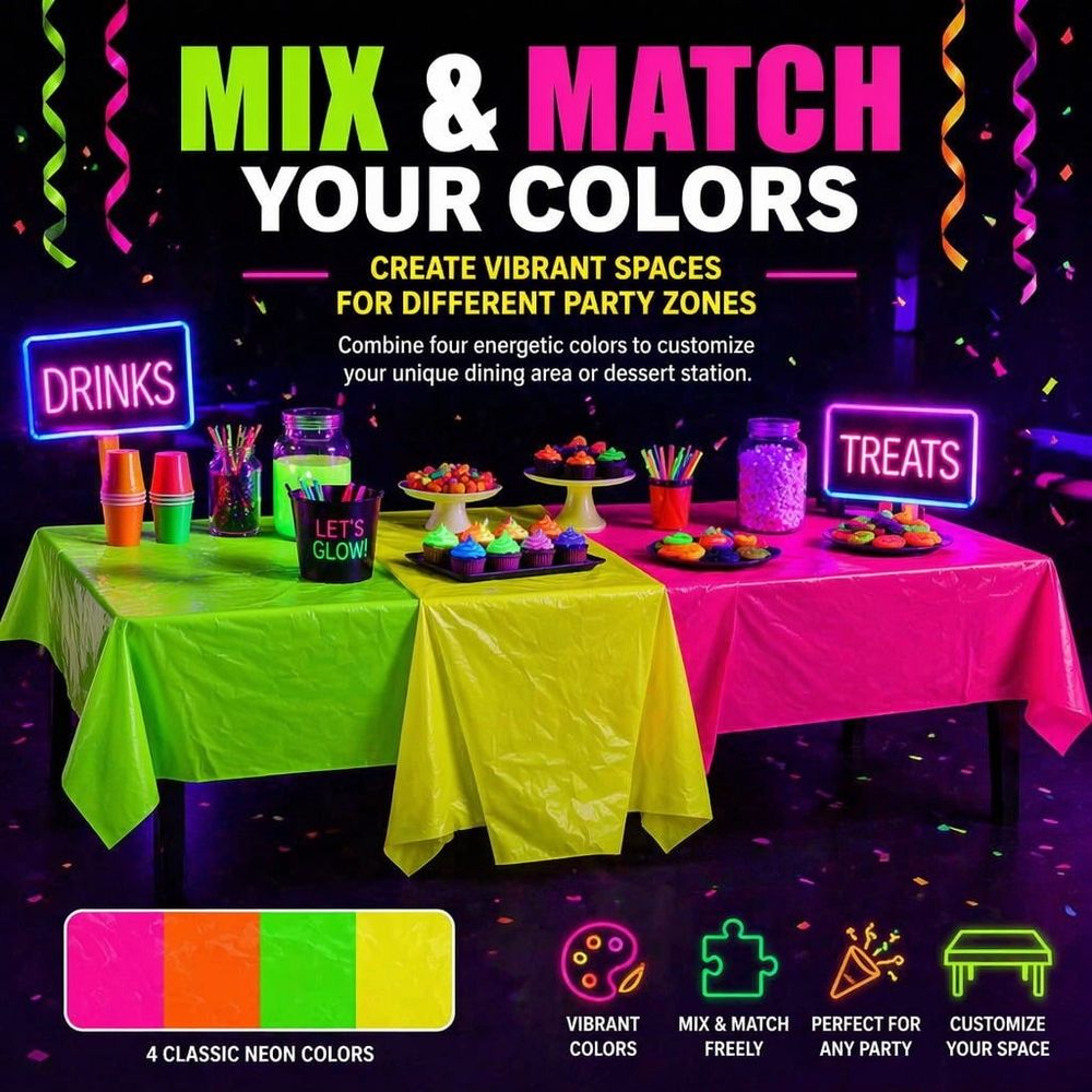 Set of three waterproof fluorescent neon plastic table cloths for glow-in-the-dark and blacklight party events, ideal for kids' pretend play.
