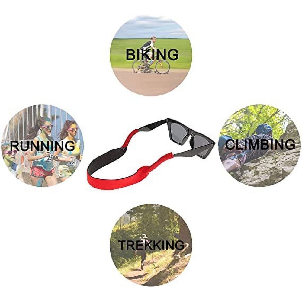 Seven-pack silicone glasses straps in black, red, brown, gray, blue, green, and yellow for kids and adults, soft eyewear retainers.
