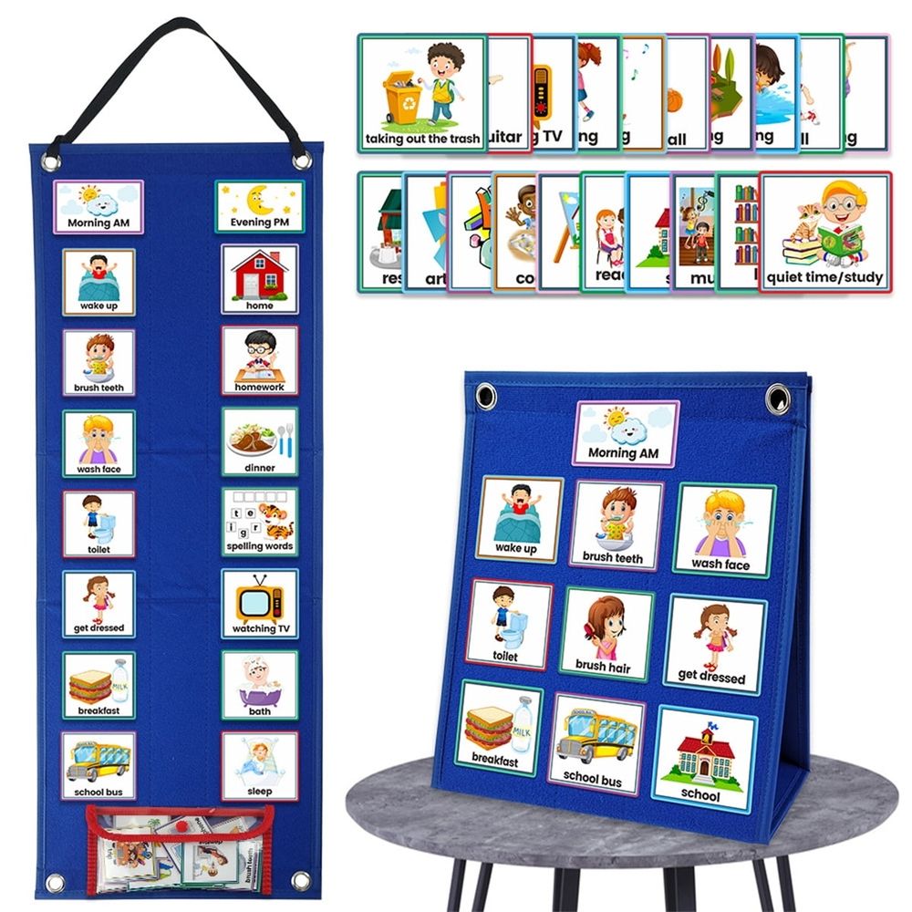Blue kids' daily chore routine chart from Everything Baby, a visual schedule for home and school use.
