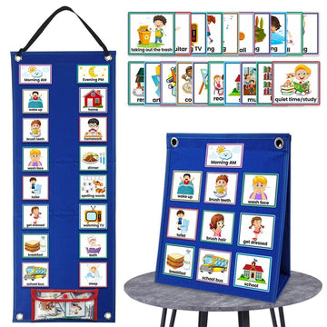 Blue kids' daily chore routine chart from Everything Baby, a visual schedule for home and school use.